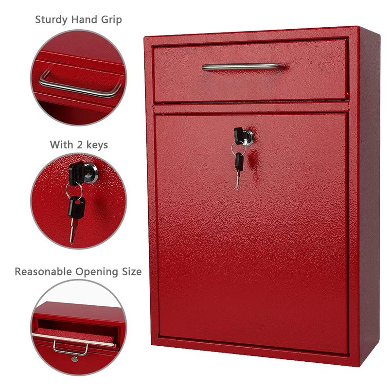 KYODOLED Steel Key Lock Mail Boxes Outdoor, Locking Wall Mount Mailbox, Security Key Drop Box, Collection Boxes for Home, Office or School,16.2H x 11.2L x 4.6W Inches, Red X Large - Image 3
